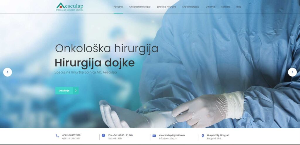Početna stranica web sajta bolnice Aesculap u Beogradu