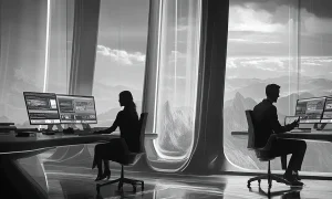 Muškarac i žena rade svako na svom kompjuteru u futurističkoj kancelariji sa velikim prozorima. Crno bela fotografija.