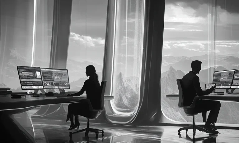 Muškarac i žena rade svako na svom kompjuteru u futurističkoj kancelariji sa velikim prozorima. Crno bela fotografija.