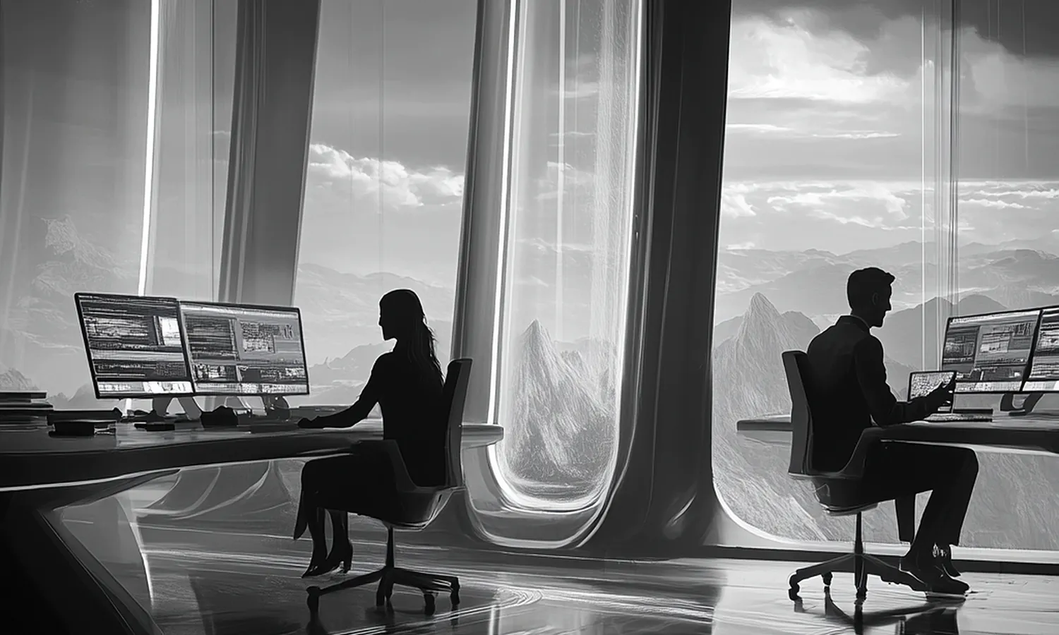 Muškarac i žena rade svako na svom kompjuteru u futurističkoj kancelariji sa velikim prozorima. Crno bela fotografija.