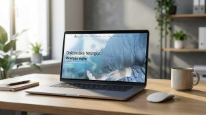 Otvoren laptop na radnom stolu na kome je početna stranica sajta Aesculap